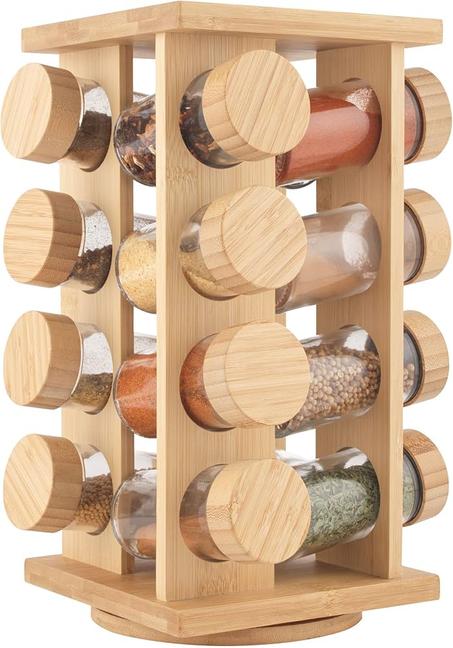 رف توابل من الخيزران من سالتر - دوار، 16 برطمانًا متضمنًا، أغطية لولبية، نضارة تدوم طويلاً، توابل