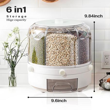 موزع   حبوب، حاوية تخزين دوارة سعة 11 كوارتم، موزع طعام جاف مكون من 6 أقسام مع كوب قياس للحبوب الصغيرة في المطبخ،