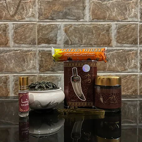 باقة بخور الخنجر المتكاملة – مبخرة، دهن عود، فحم سريع الإشتعال 🌹