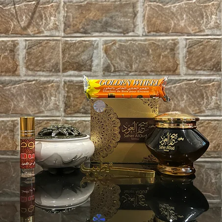 باقة بخور سحر العود المتكاملة – مبخرة، دهن عود، فحم سريع الإشتعال 🌹