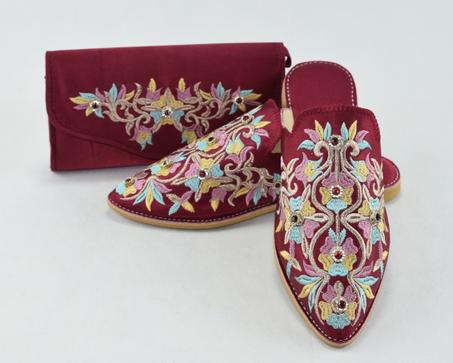 179-Babouches femme brodé avec sac à main - Rouge