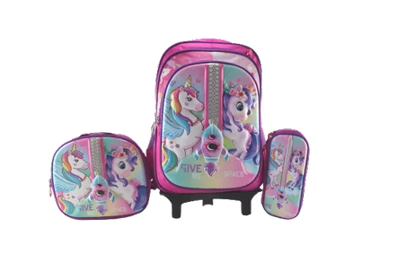 862 - Cartable scolaire à roulette 3 pièces Unicorn