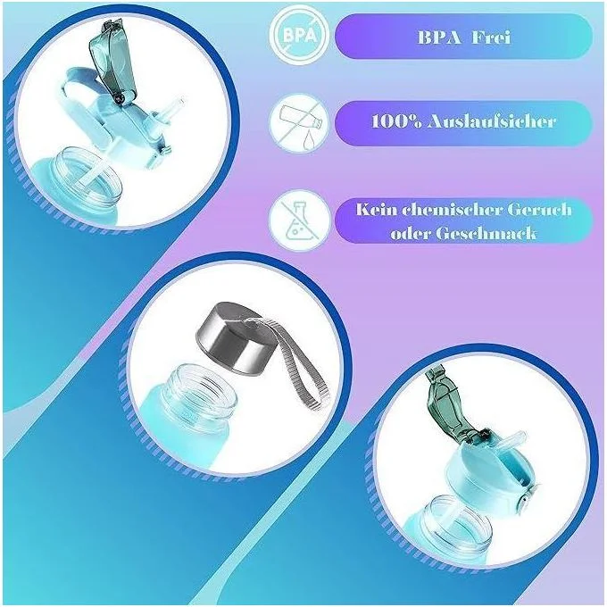 1095-Lot de 3 bouteilles gourdes - 2 l - 750 ml et 300 ml - Anti-fuite - Avec paille - Sans BPA