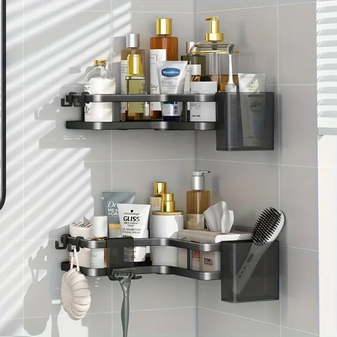Étagère d'angle Double couche en acier inoxydable, 6 pièces, organisateur mural sans perçage pour salle de bain, coin cuisine et rangement de salle de bain