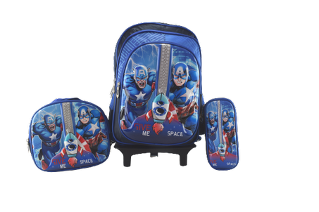 859 - Cartable scolaire à roulette 3 pièces CAPTAIN AMERICA