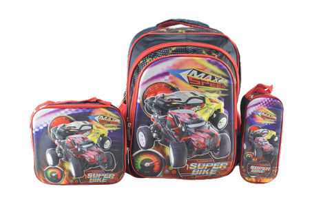 838 - Cartable scolaire à roulette 3 pièces Super Bike