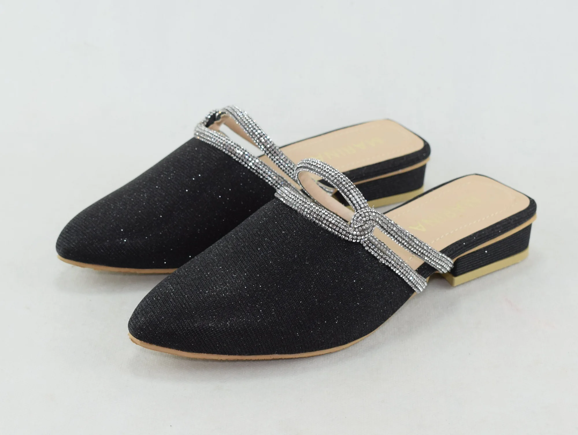 342 -Mules Plates à Bout Pointu Scintillant pour Femmes très élégantes - Noir