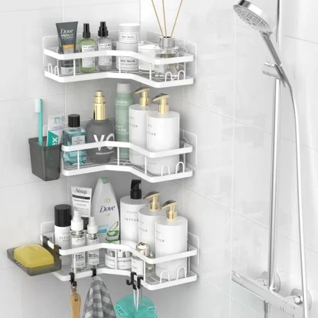Étagère de douche d'angle adhésive pour baignoire et douche - Lot de 3 - Installation sans perçage - Résistante à la rouille