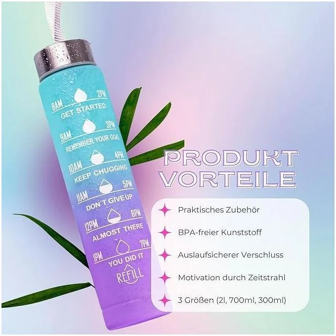 1095-Lot de 3 bouteilles gourdes - 2 l - 750 ml et 300 ml - Anti-fuite - Avec paille - Sans BPA