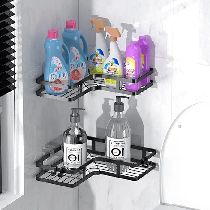 Étagère d'angle Double couche en acier inoxydable, 6 pièces, organisateur mural sans perçage pour salle de bain, coin cuisine et rangement de salle de bain