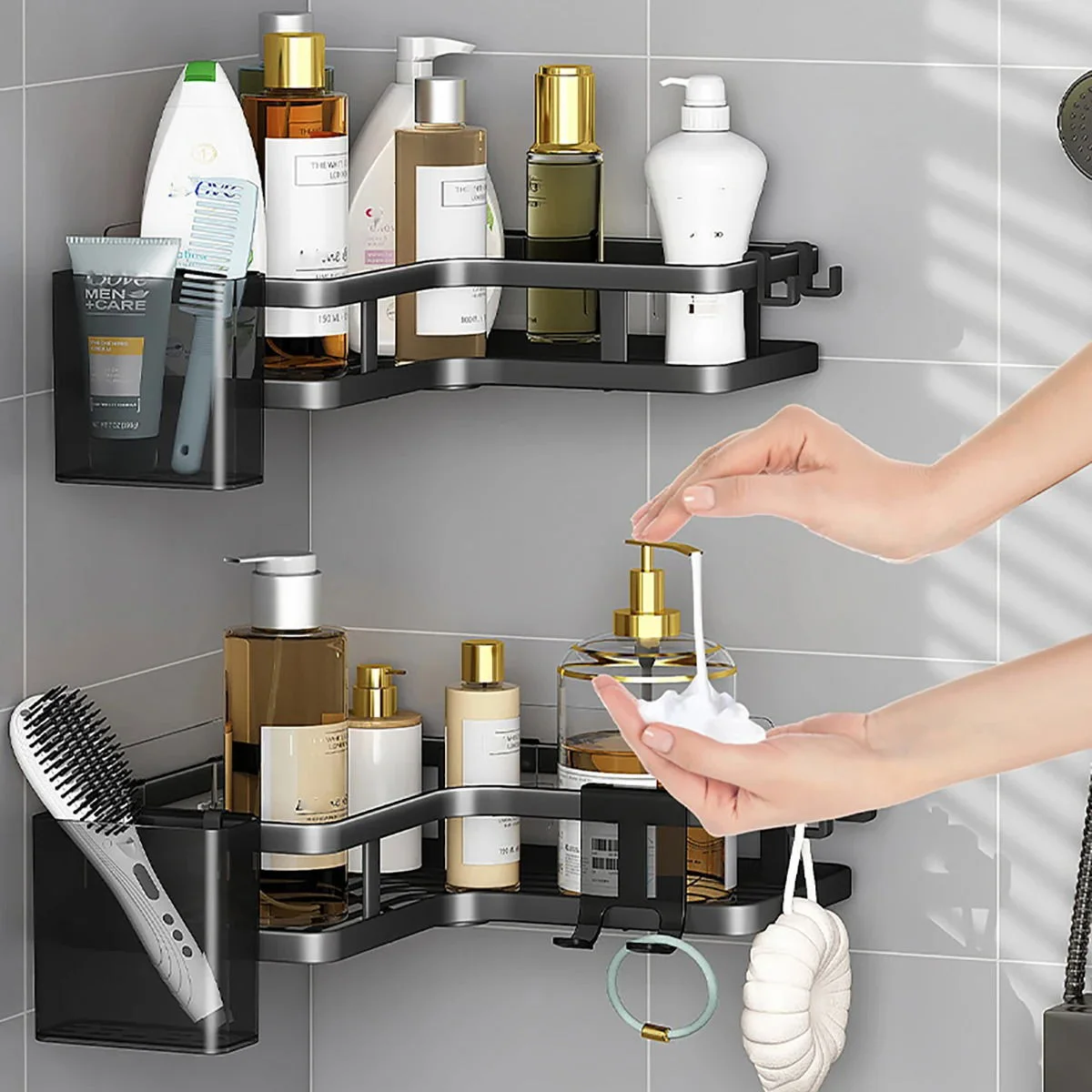 Étagère d'angle Double couche en acier inoxydable, 6 pièces, organisateur mural sans perçage pour salle de bain, coin cuisine et rangement de salle de bain