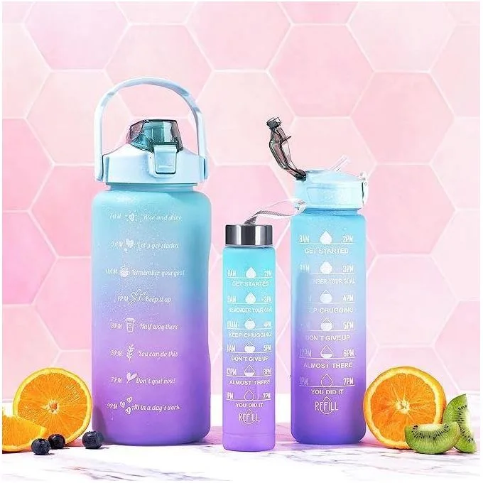 1095-Lot de 3 bouteilles gourdes - 2 l - 750 ml et 300 ml - Anti-fuite - Avec paille - Sans BPA
