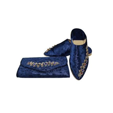 283-Babouches femme brodé avec sac à main en tissu de velours brillant - bleu