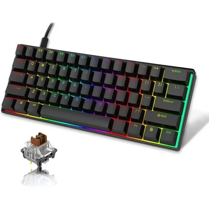 883 - Mini Clavier de Jeu Mécanique Filaire 60%, Ultra-Compact Rétroéclairé RGB