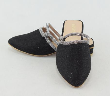 342 -Mules Plates à Bout Pointu Scintillant pour Femmes très élégantes - Noir