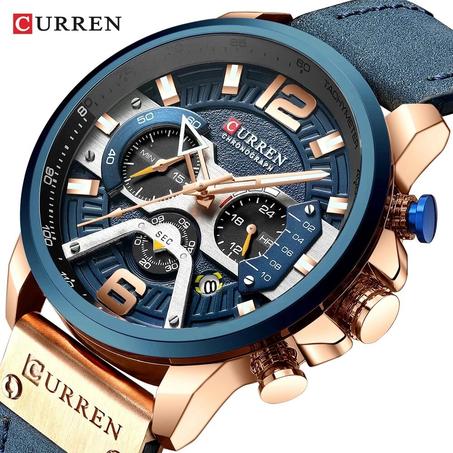 CURREN-montren acier inoxydable,chronographe Bleu cuir