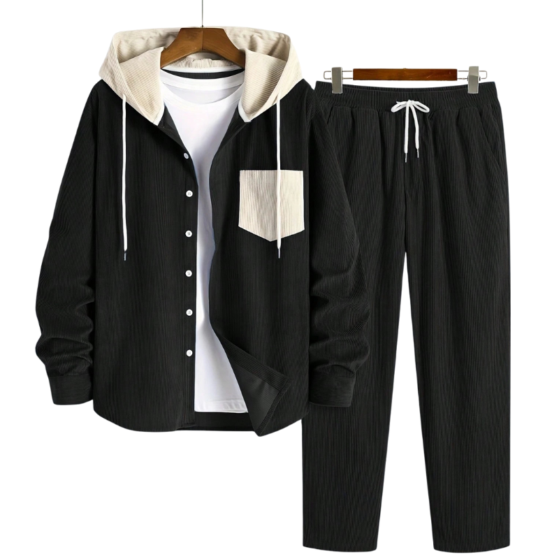 طقم رجالي عصري بقطعتين – سترة أنيقة بقبعة وأزرار مع حزام خصر وجيوب مائلة، مثالي لإطلالة يومية مريحة في فصول الربيع والخريف والشتاء.