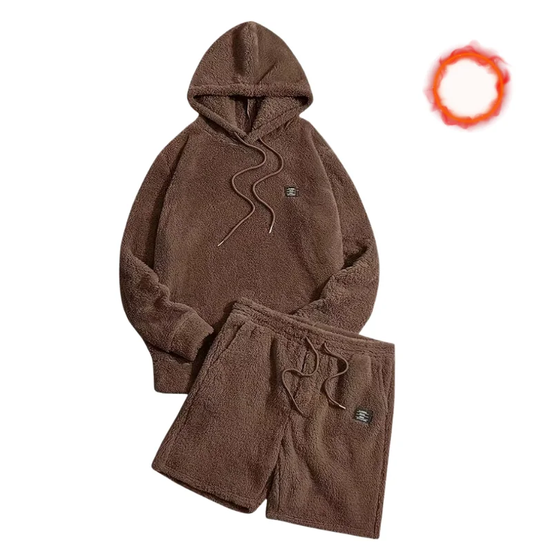 طقم دافئ بفرو مزدوج: هودي وشورت رياضي عصري