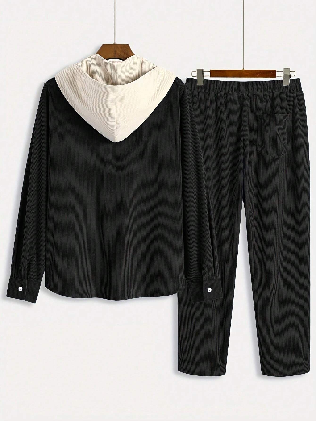 طقم رجالي عصري بقطعتين – سترة أنيقة بقبعة وأزرار مع حزام خصر وجيوب مائلة، مثالي لإطلالة يومية مريحة في فصول الربيع والخريف والشتاء.