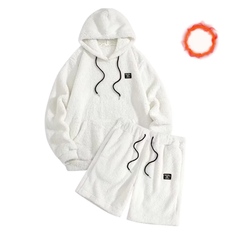 طقم دافئ بفرو مزدوج: هودي وشورت رياضي عصري