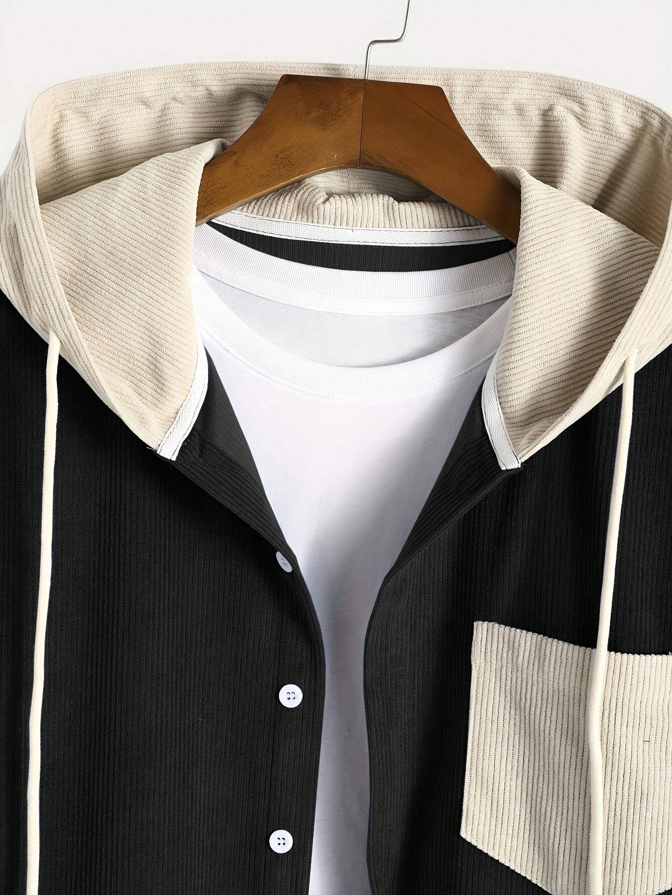 طقم رجالي عصري بقطعتين – سترة أنيقة بقبعة وأزرار مع حزام خصر وجيوب مائلة، مثالي لإطلالة يومية مريحة في فصول الربيع والخريف والشتاء.