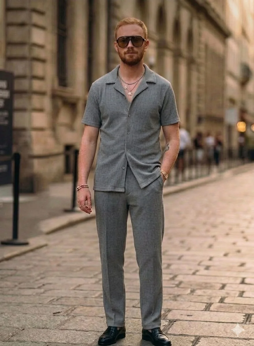 Ensemble d'Été Texturé Premium – Chemise à Manches Courtes & Pantalon Assorti