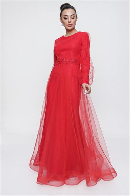 Women's Guipure Detail Red Tulle Long Dress