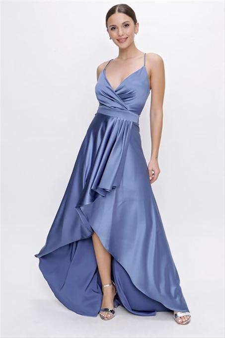 Women's Strappy Ruffle Indigo Satin Long Dress