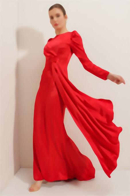 Women's Pleated Red Satin Long Dress