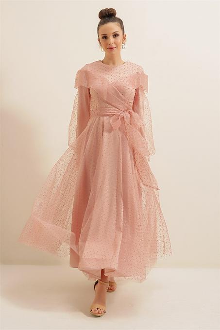 Women's Lined Dotted Tulle Salmon Dress