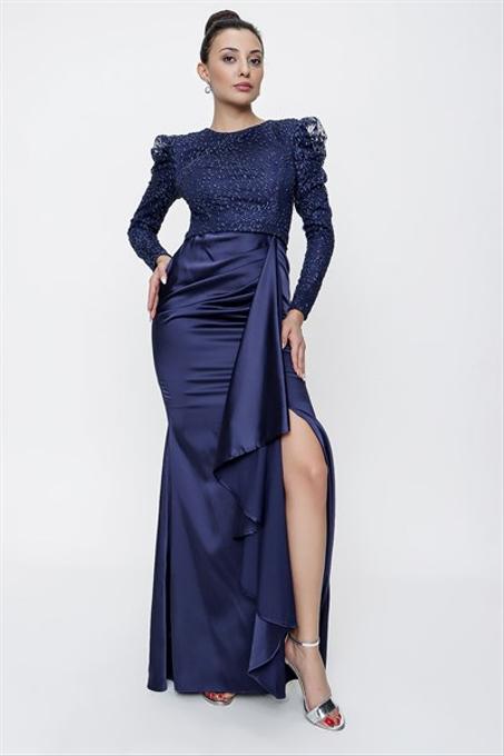 Women's Long Sleeves Glitter Top Navy Blue Satin Dress
