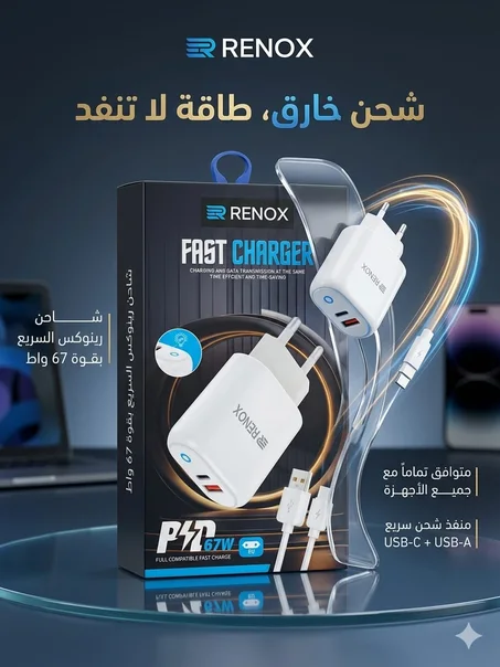 القوة والسرعة التي تستحقها مع شاحن رينوكس (RENOX) السريع بقوة 67 واط!