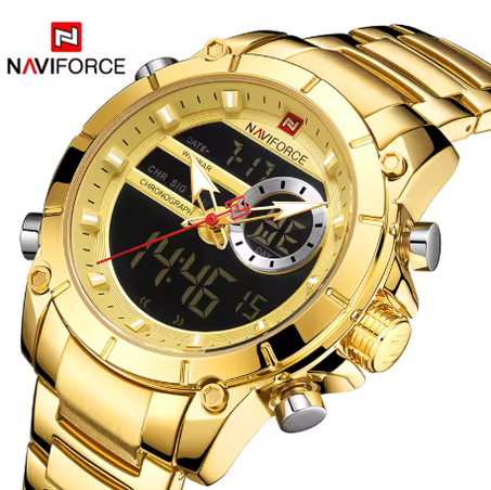 NAVIFORCE | ساعة معصم رجالية رياضية وعسكرية 9163 - كوارتز ياباني، هيكل فولاذ مقاوم للماء، شاشة رقمية وتقليدية (عرض مزدوج)