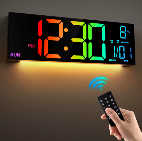 ساعة حائط رقمية كبيرة 16.2 بوصة مع جهاز تحكم عن بعد، منبه كبير LED/منبه مزدوج/8 ألوان RGB، ساعة منبه رقمية، ساعة إلكتروني