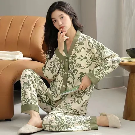 Cotton milk long sleeves pyjama  free size green