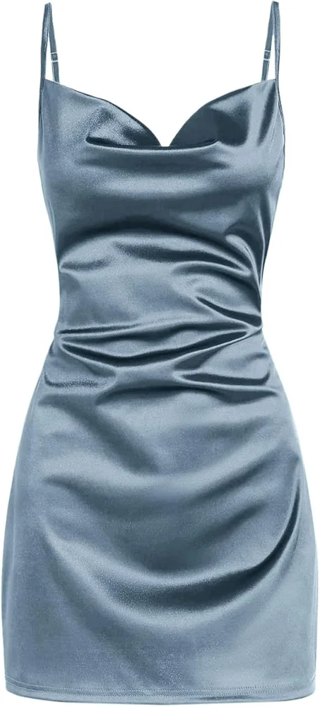 ZAFUL Vestido Mini de Satén sin Mangas con Tirantes Espagueti para Mujer, Sexy Slip con Cuello Drapeado, Sedoso, Vestidos de Cóctel para Fiestas