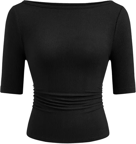 PRETTYGARDEN Camiseta de manga corta de verano para mujer, cuello barco, punto acanalado, ajustada, casual, básica, ropa de primavera 2026