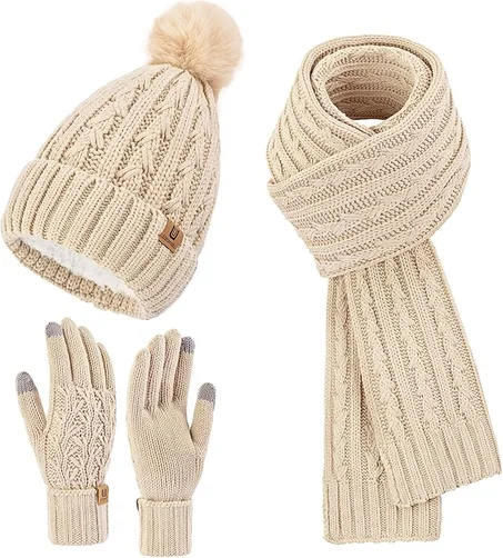 Gorro de invierno cálido para mujer, con bufanda larga, guantes con pantalla táctil, con forro polar, gorra con pompón, diseño de calavera, conjunto 3 en 1 para regalo