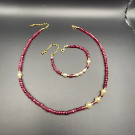 Parure Collier & Bracelet en Perles Rouges et Swarovski