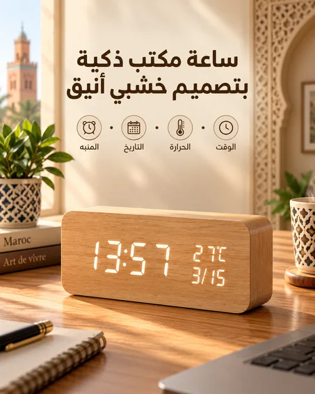 ساعة مكتب ذكية بتصميم خشبي أنيق