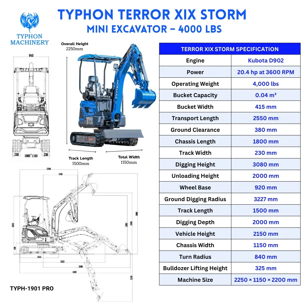 TYPHON TERROR XIX STORM Mini Excavator – 4000lbs Trench Digger with Boom Swing, Canopy, Retractable Tracks
