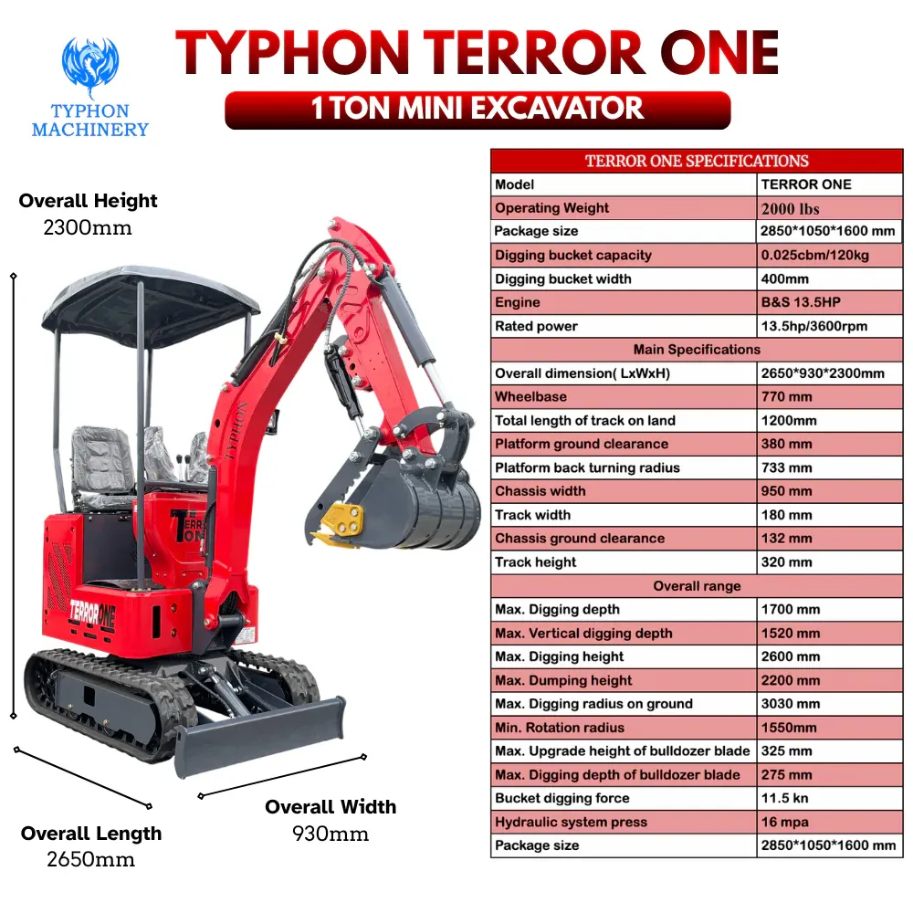 TYPHON TERROR ONE STORM 1 Ton Mini Excavator Trench Digger with Hydraulic Oil Cooler Canopy & Wide Bucket Ideal for Garden, Farm, Park & Road Work Digging, Drilling, Bull-Dozing