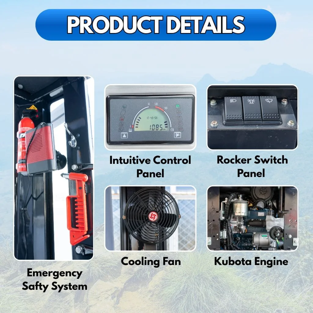 TYPHON TERROR XIX Prestige Cabin Mini Excavator 4200lbs 20.4 HP Kubota D902 with Boom Swing, Retractable Tracks