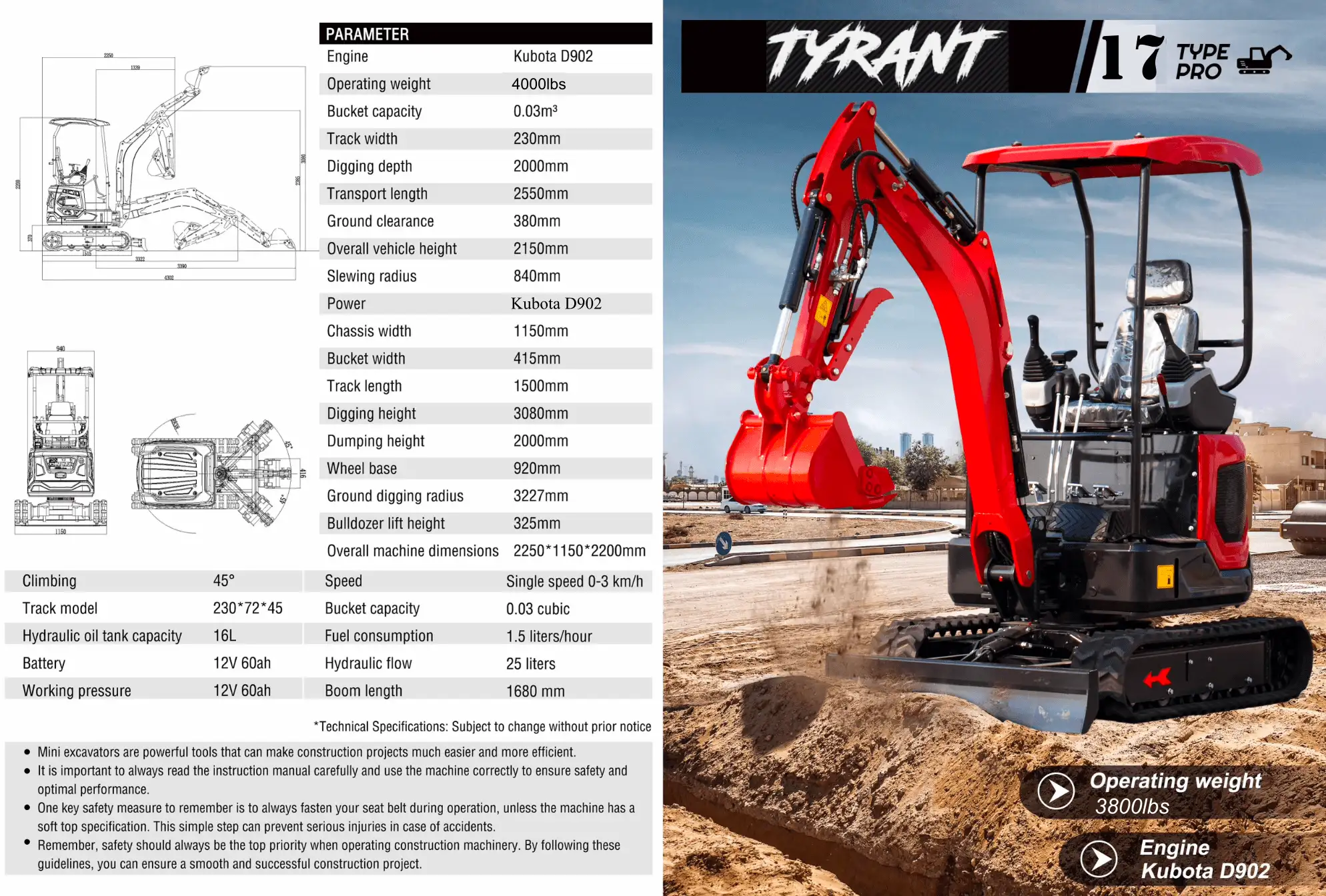 3800lbs TYRANT 17 Diesel Mini Excavator Kubota D902 Engine Side Swing w 12 attachments