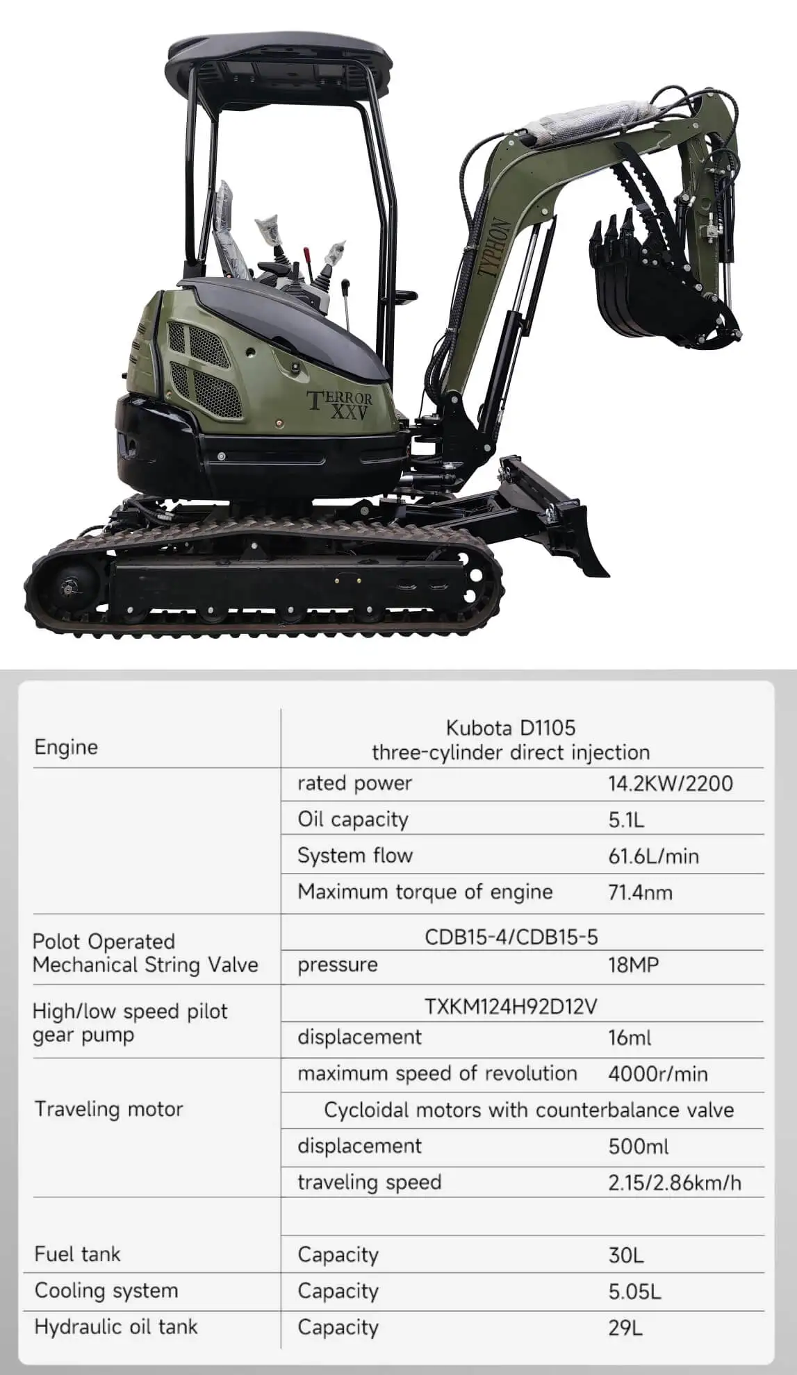 TYPHON TERROR X STORM Mini Excavator 1 Ton Trench Digger with Canopy, Hydraulic Thumb Clip, Bucket USA