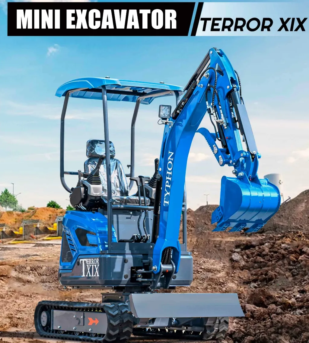 TYPHON TERROR XIX STORM Mini Excavator – 4000lbs Trench Digger with Boom Swing, Canopy, Retractable Tracks