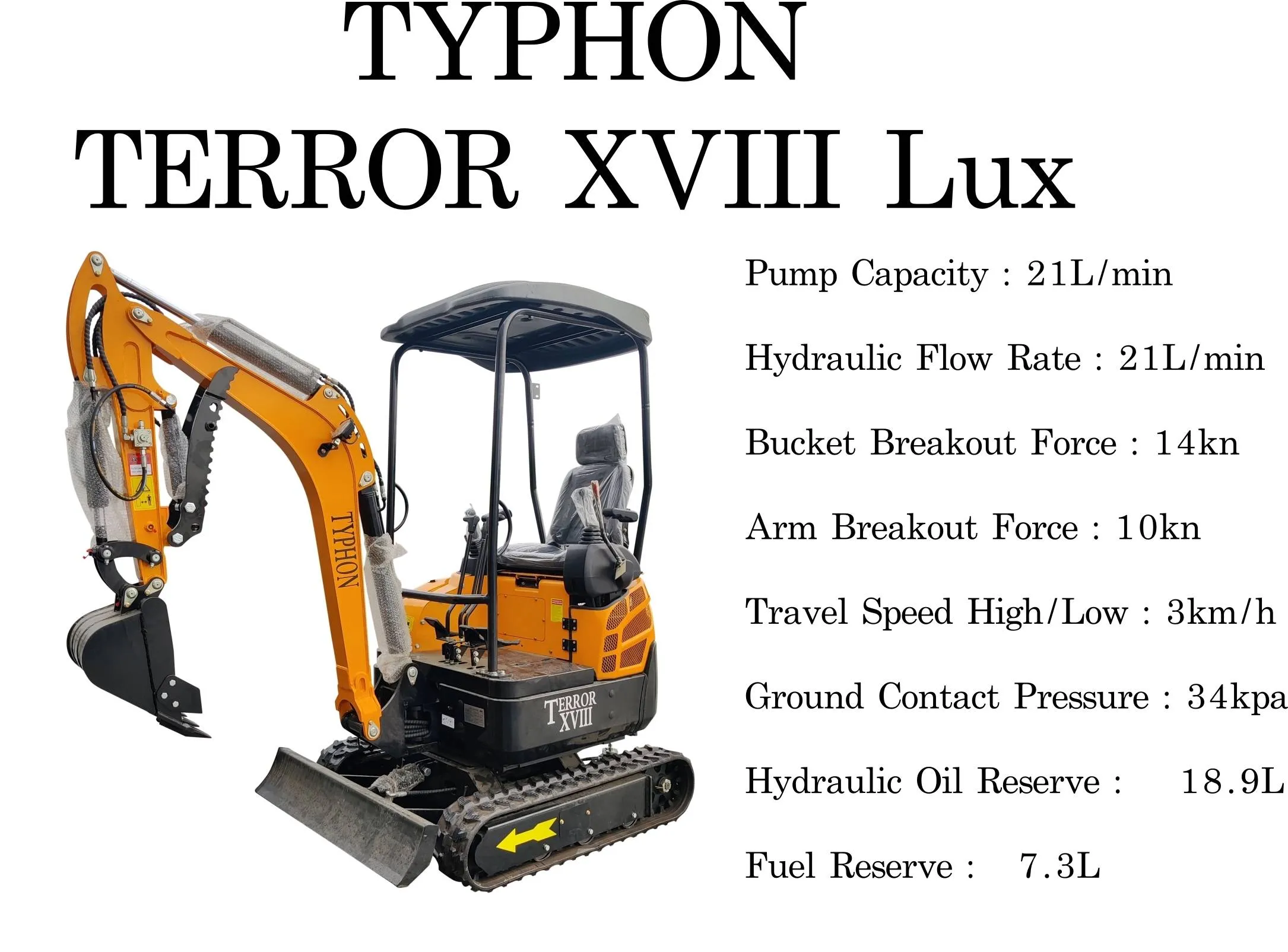 TYPHON TERROR XVIII Mini Excavator – 4000lbs EPA Certified USA KUBOTA D902 engine