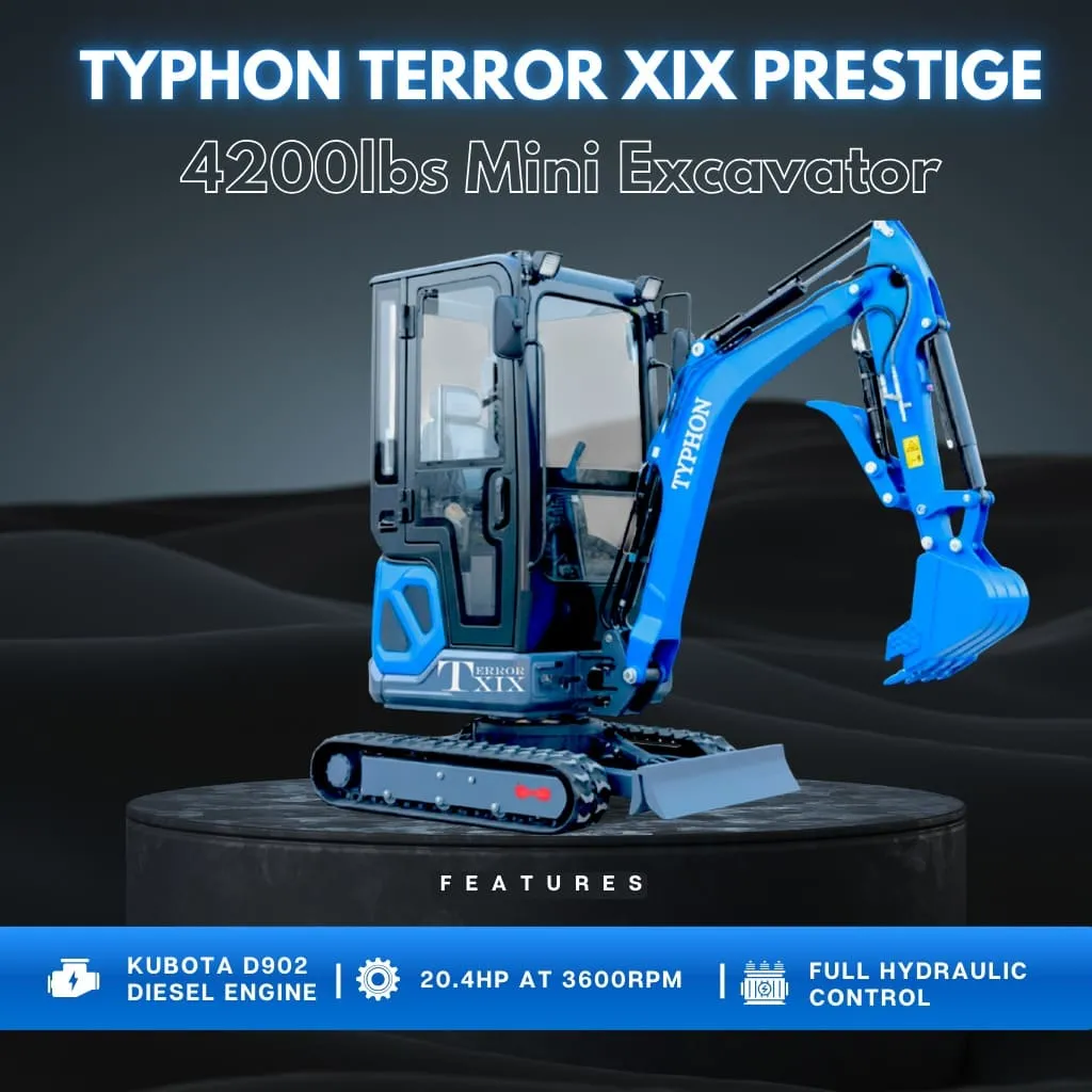 TYPHON TERROR XIX Prestige Cabin Mini Excavator 4200lbs 20.4 HP Kubota D902 with Boom Swing, Retractable Tracks