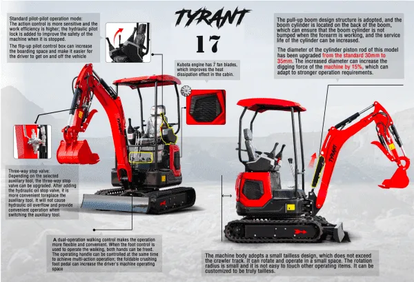 3800lbs TYRANT 17 Diesel Mini Excavator Kubota D902 Engine Side Swing w 12 attachments