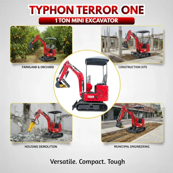 TYPHON TERROR ONE STORM 1 Ton Mini Excavator Trench Digger with Hydraulic Oil Cooler Canopy & Wide Bucket Ideal for Garden, Farm, Park & Road Work Digging, Drilling, Bull-Dozing